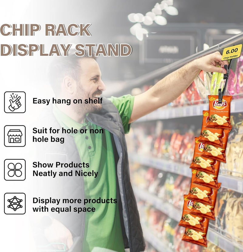 Board2by Hanging Merchandise Strips with Hooks - 32 inches Chip Display Rack Stands - Potato Chip Rack Bag Holder with 12 Clips for Retail Displaying, 4 Pack Black with Label Headers - Image 5